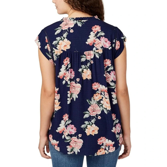 Buffalo Flutter Sleeve Floral Split Neck Top Navy Blossoms XXL Womens Spring - Picture 4 of 16